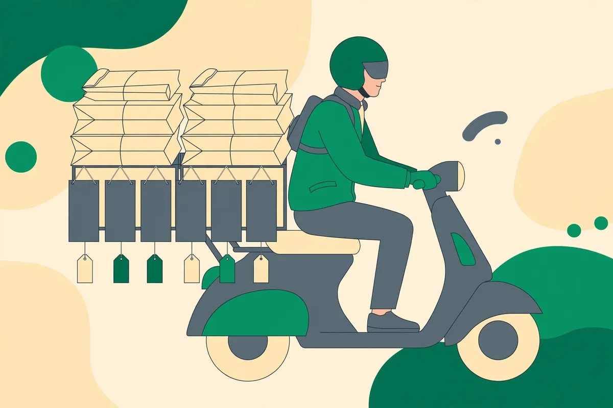 Ilustrasi semangkuk mie ayam dengan label harga yang dihitung agar margin aman dari potongan komisi aplikasi food delivery