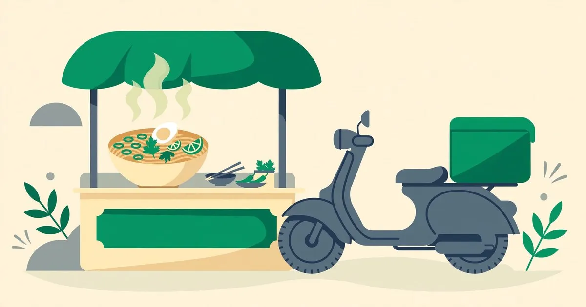 Ilustrasi tiga aplikasi pesan-antar makanan dengan label persen komisi dipotong dari sepiring hidangan