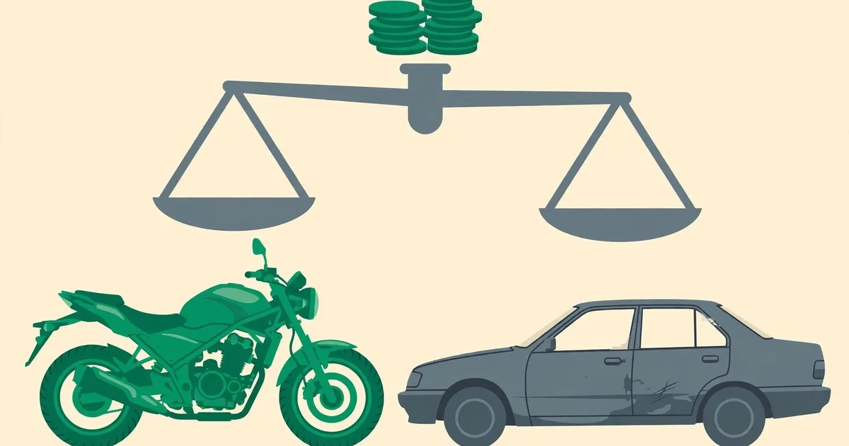 Ilustrasi motor baru dan mobil bekas di atas timbangan raksasa yang membandingkan total biaya kepemilikan lima tahun