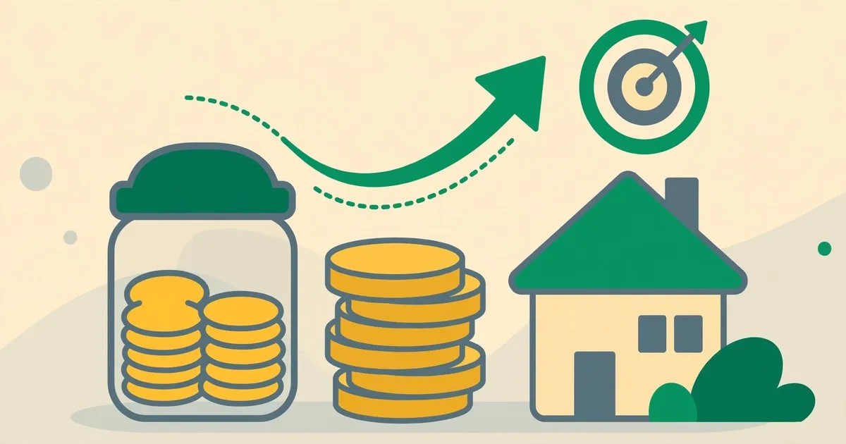 Ilustrasi celengan berbentuk rumah dengan garis target harga properti yang menanjak lebih cepat dari tumpukan koin tabungan di bawahnya