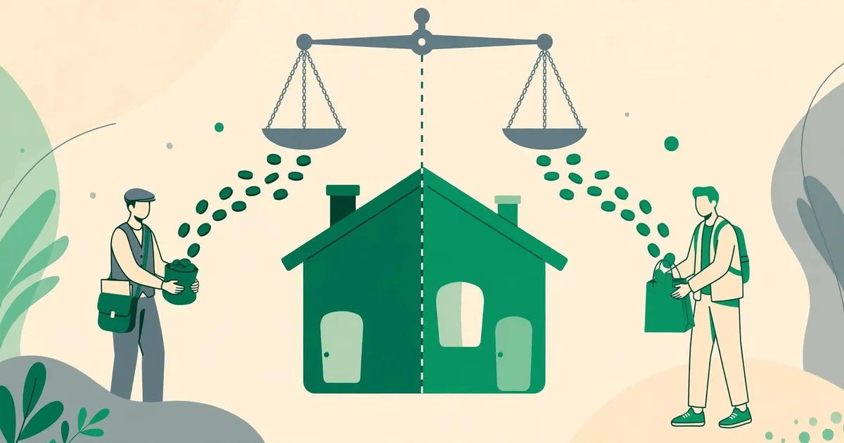 Ilustrasi penjual dan pembeli rumah berjabat tangan di atas meja dengan dokumen pajak dan kalkulator, gaya flat zamrud tanpa teks