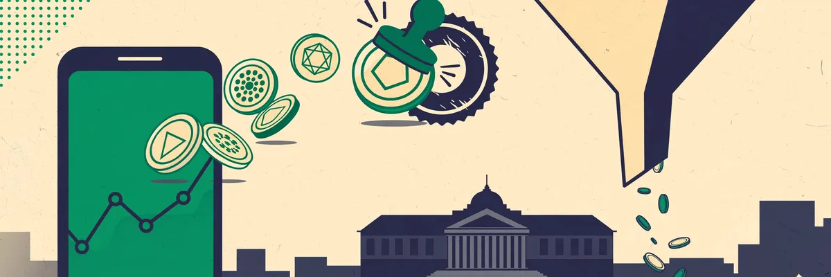 Ilustrasi koin aset kripto di atas grafik bursa dengan stempel pajak dan koin biaya yang mengalir keluar