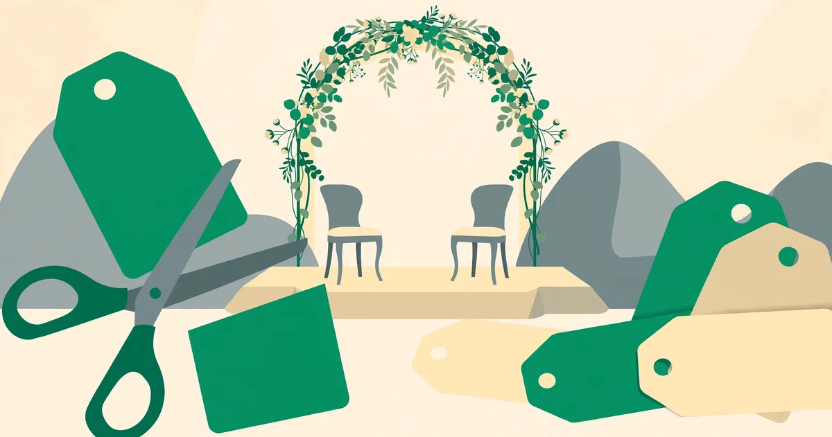 Ilustrasi pasangan pengantin memotong kue pernikahan dengan rincian anggaran — grafik batang biaya venue, katering, dan dekorasi — di sampingnya