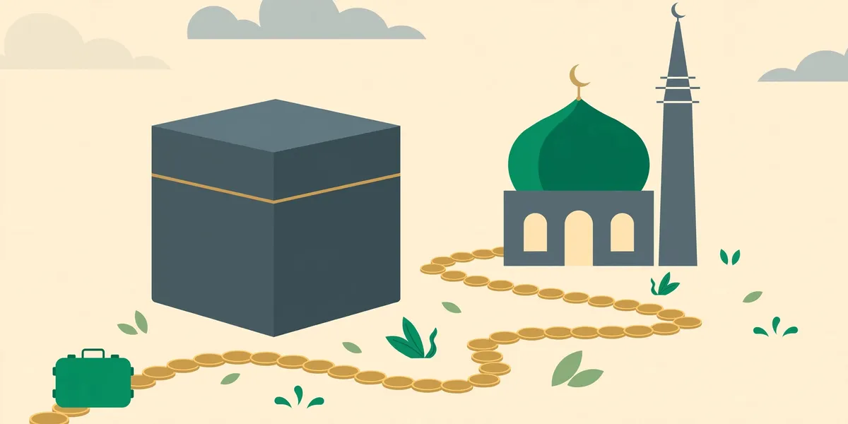 Ilustrasi dua garis waktu menabung: garis pendek menuju Ka'bah untuk umroh dan garis panjang untuk haji plus, dengan tumpukan koin bertambah di sepanjang jalurnya
